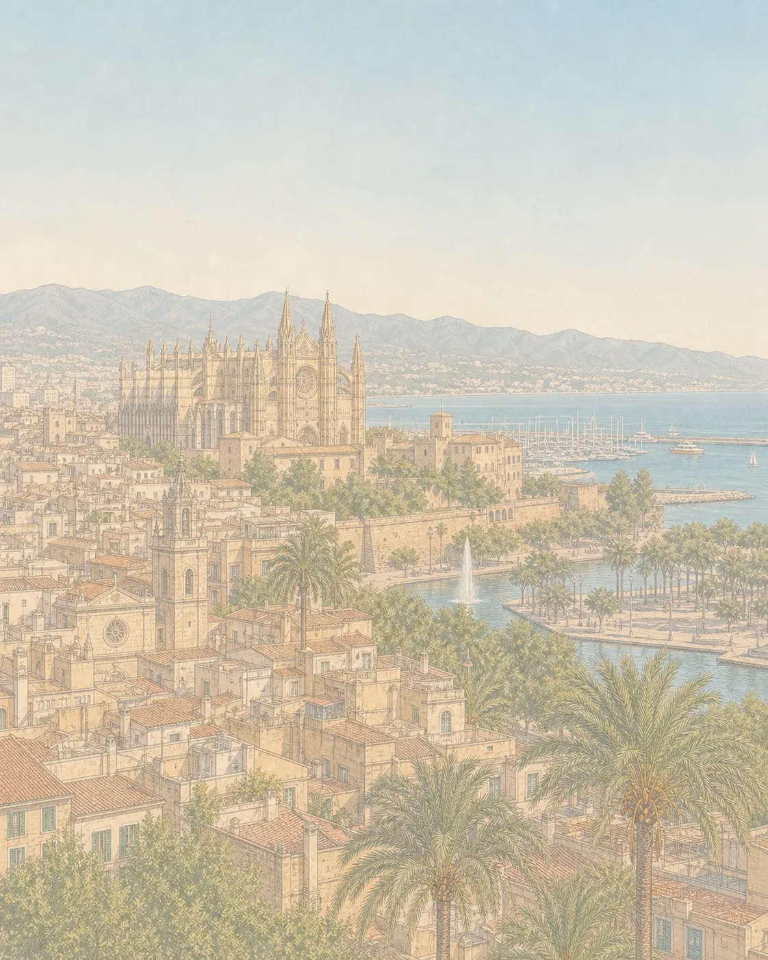 Vista ilustrada de Palma, con la Seu, el casco antiguo y el paseo marítimo.